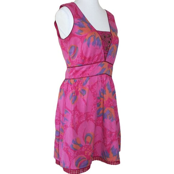 FREE PEOPLE Bohemian Floral 100% Cotton Summer Dress in Fuchsia - Size 4 - Picture 2 of 11